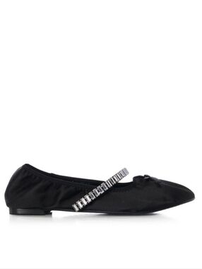 Azalea Wang Black Satin Diamante Ballet Flats with Crystal Rhinestone Strap  ❤️
